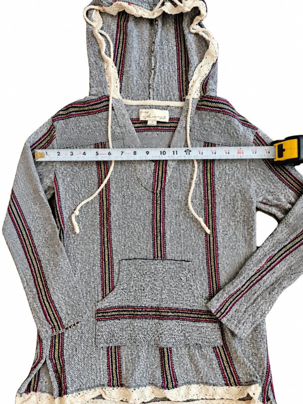 Vintage Havana Baja Hoodie Womens Small 100% Cotton Striped Crochet Trim Boho - Picture 6 of 9